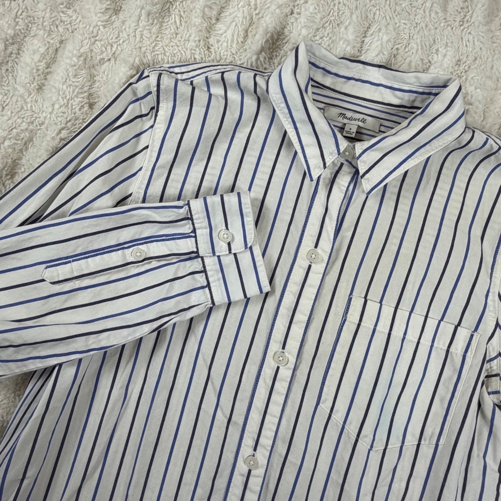 Madewell Womens Striped Button Down Shirt White Blue Cotton Modal G9873 Small